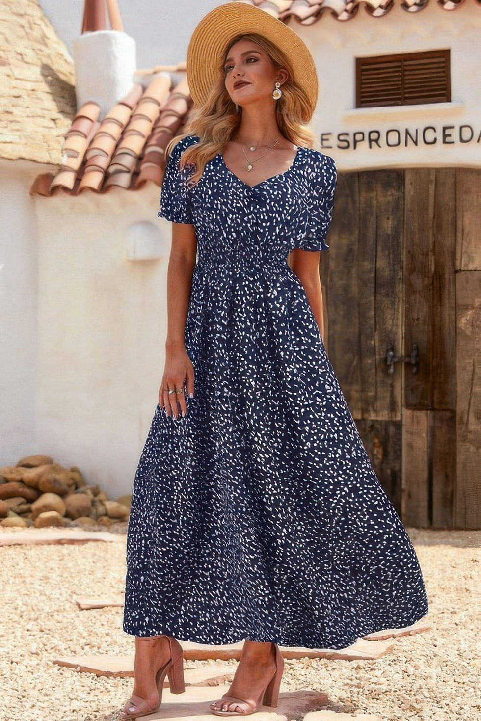 Thumbnail: Allover Print Puff Sleeve Ruched Shirred Dress
