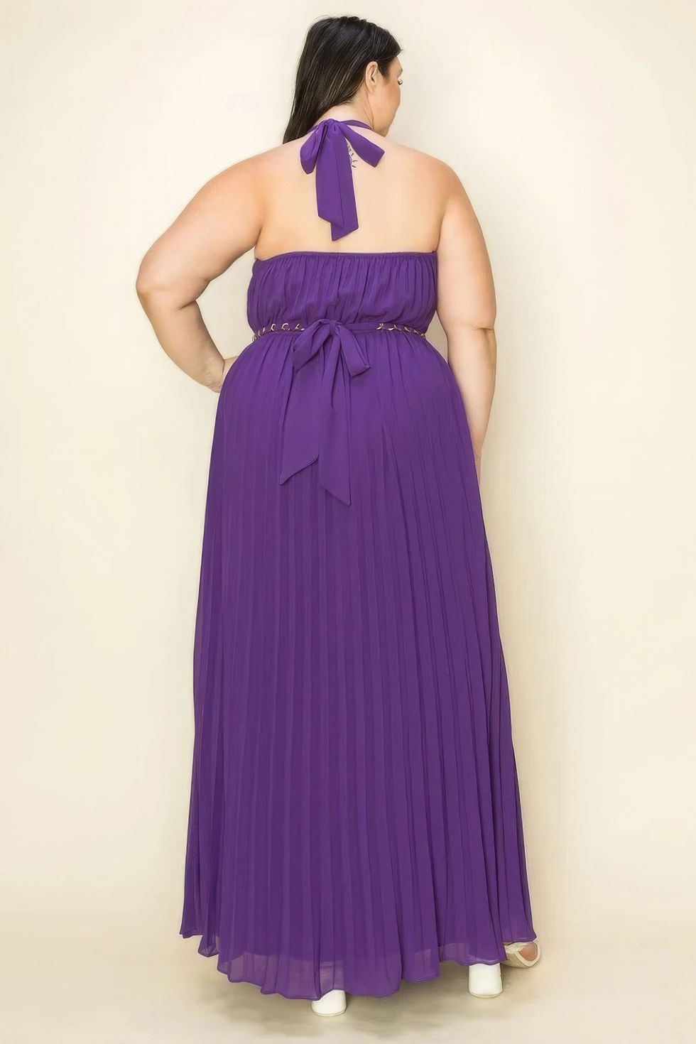 Thumbnail: Chiffon Pleated Gold Trim Neck & Belt Cut Out Chest Maxi Dress