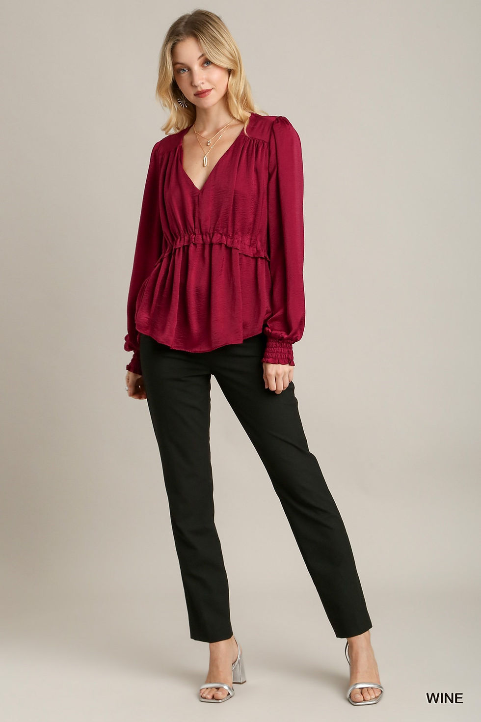 Thumbnail: Satin V-neck Ruffle Baby Doll Top With Cuffed Long Sleeve