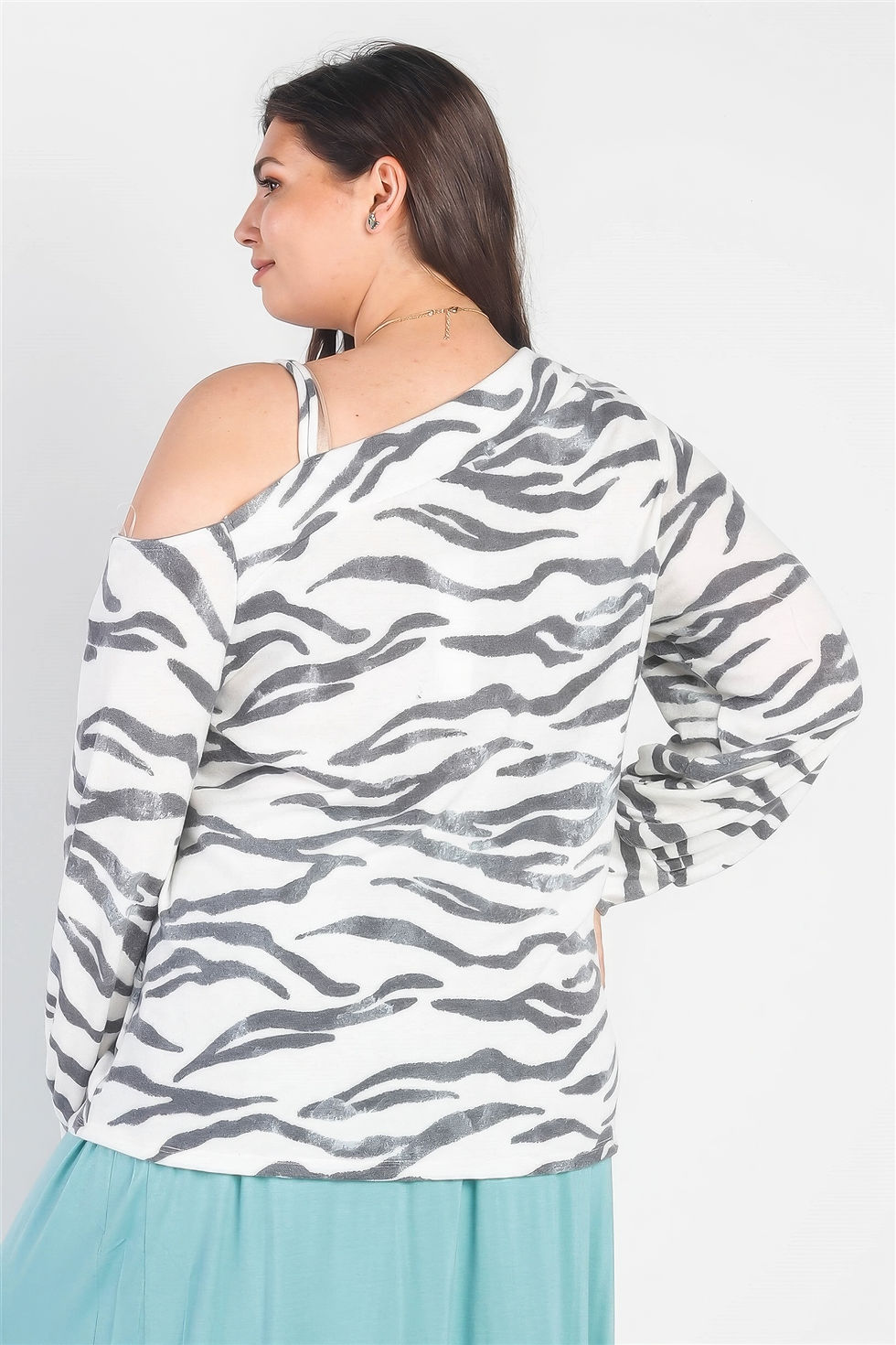 Thumbnail: Plus White & Charcoal Zebra Flannel Cold Shoulder Long Sleeve Top