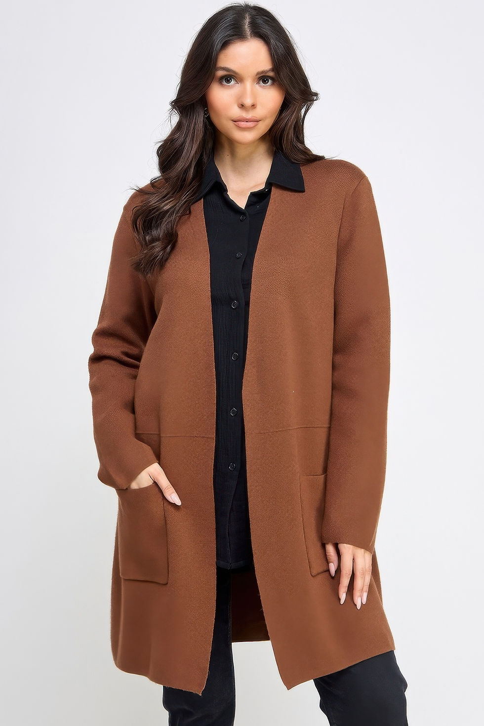 Thumbnail: Basic Soft Long Line Open Front Sweater Cardigan         