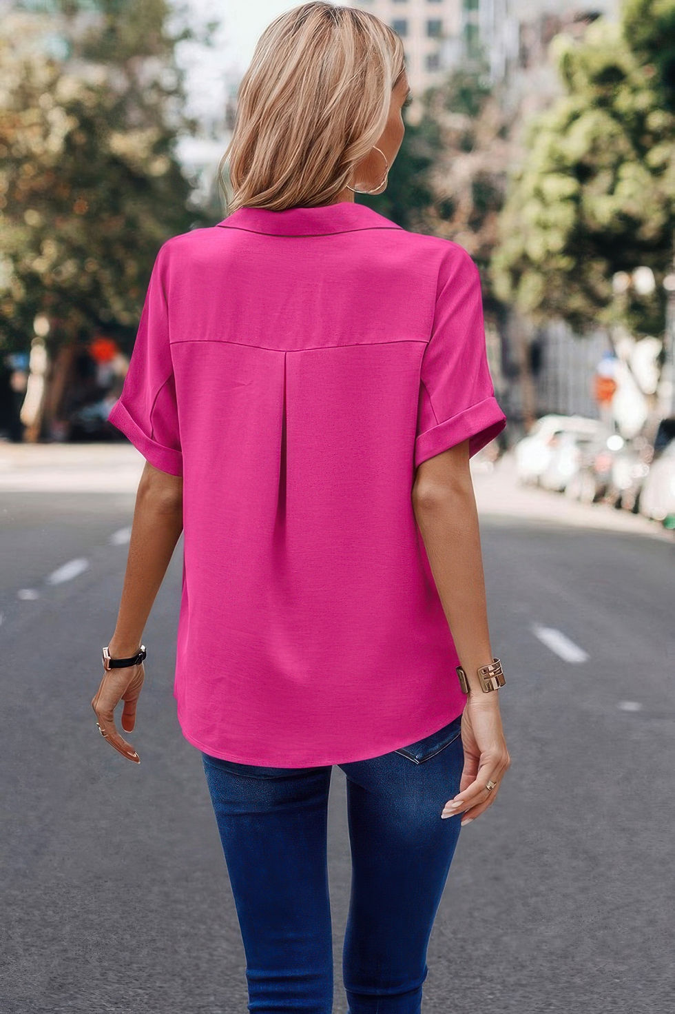 Thumbnail: V Neck Button Down Roll Up Sleeve Loose Pocket Blouse