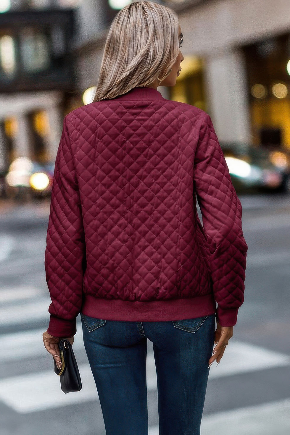 Thumbnail: Solid Plaid Stitch Pockets Bomber Jacket