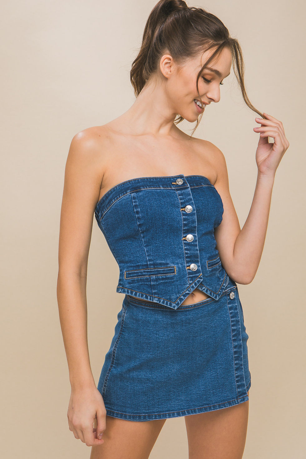 Thumbnail: Denim Strapless Button-up Crop Top