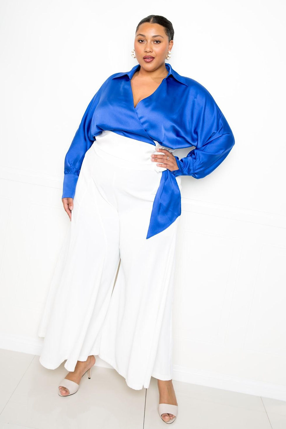 Thumbnail: Satin Long Sleeve Tie Waist Wrap Top