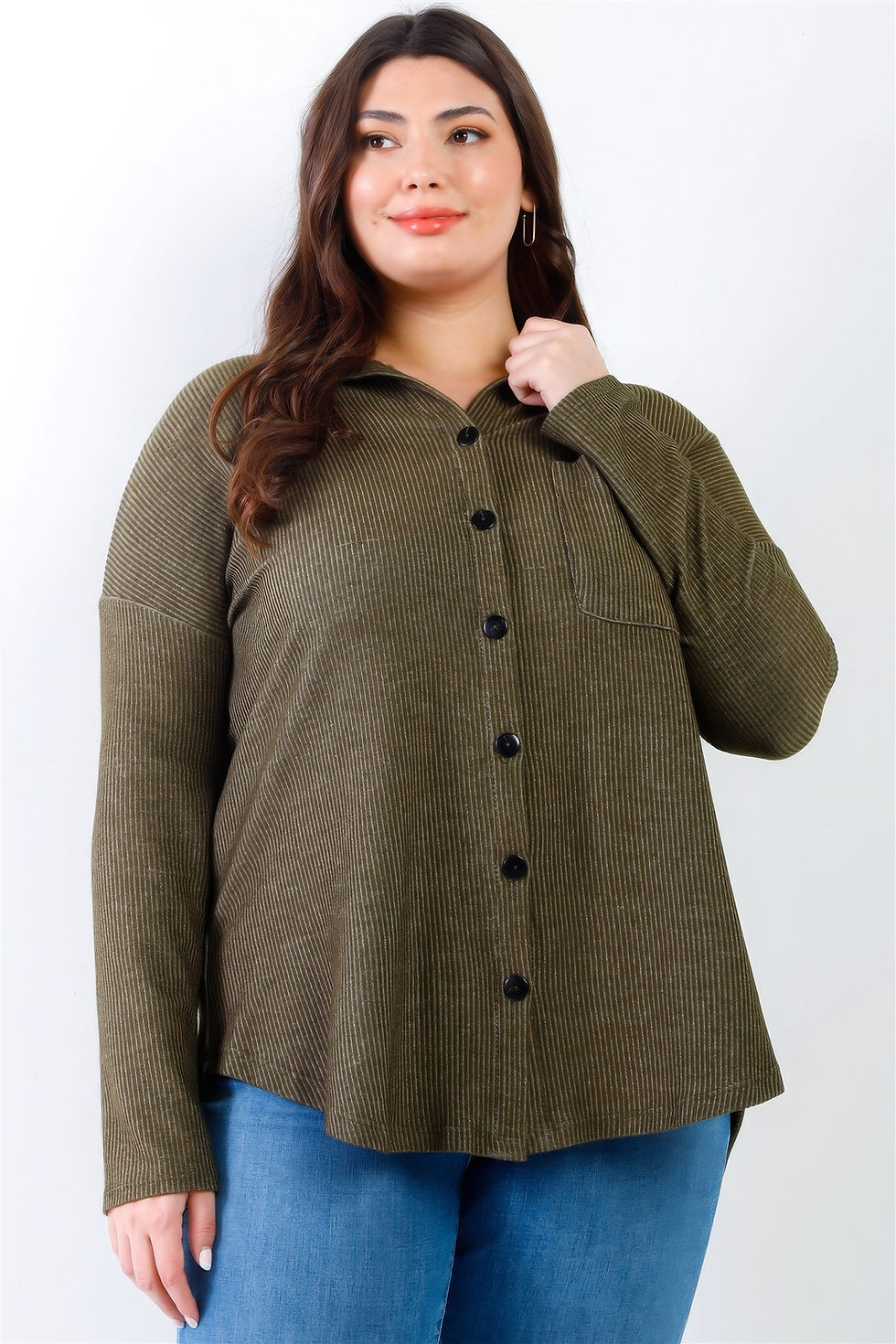Thumbnail: Plus Black Ribbed Collared Button Up Shirt Top