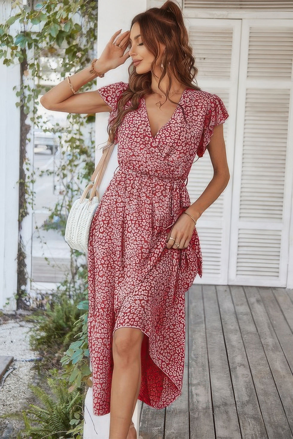 Thumbnail: Floral V Neck Ruffle Short Sleeve High Waist Dress
