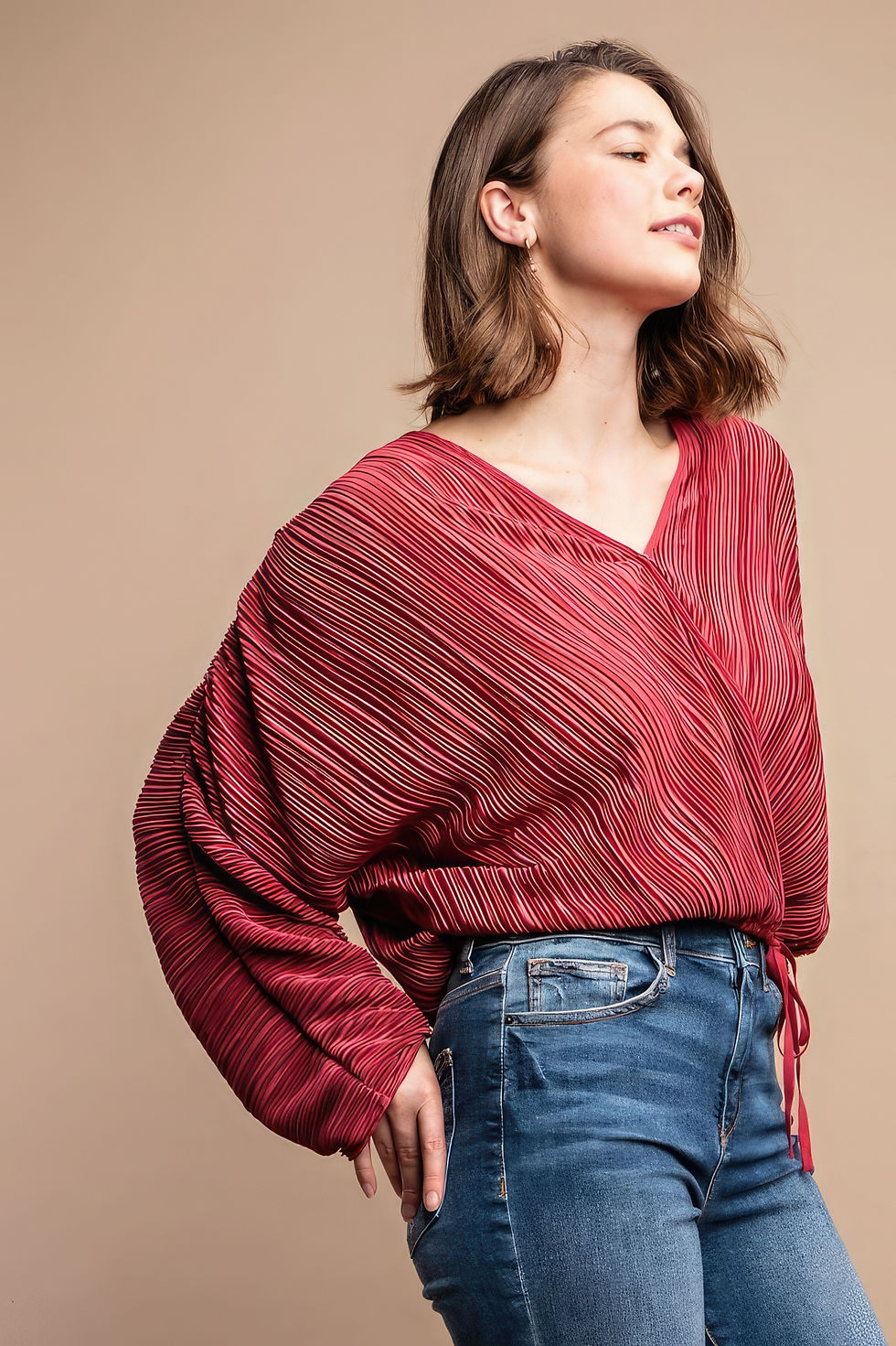 Thumbnail: Satin Pleated Drawstring Top With Snap Button