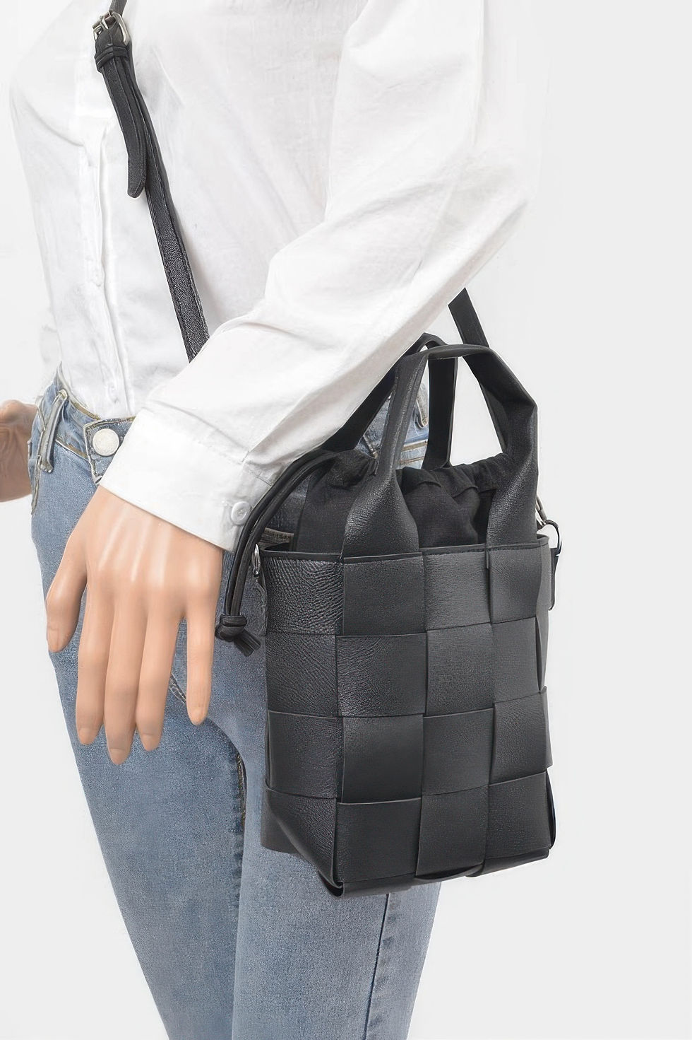 Thumbnail: Faux Leather Braided Handle Bag W/canvas Pouch