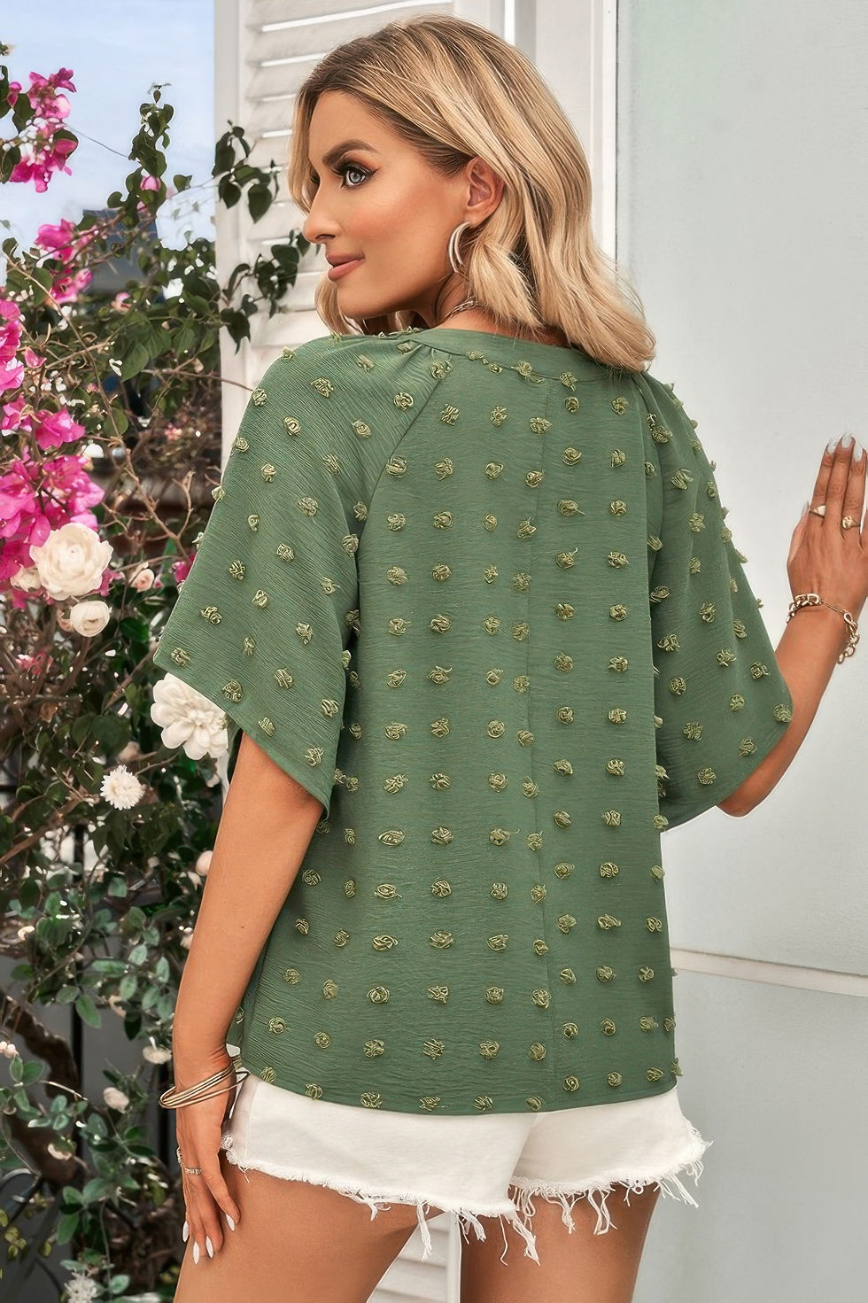 Thumbnail: Solid Swiss Dot V Neck Puff Sleeve Blouse