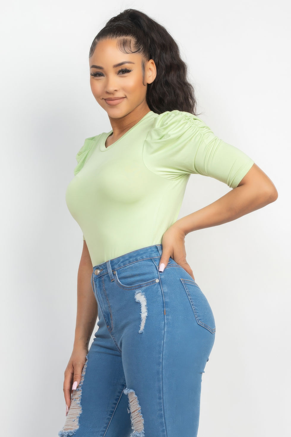 Thumbnail: Round Neck Puff Ruched Sleeve Top