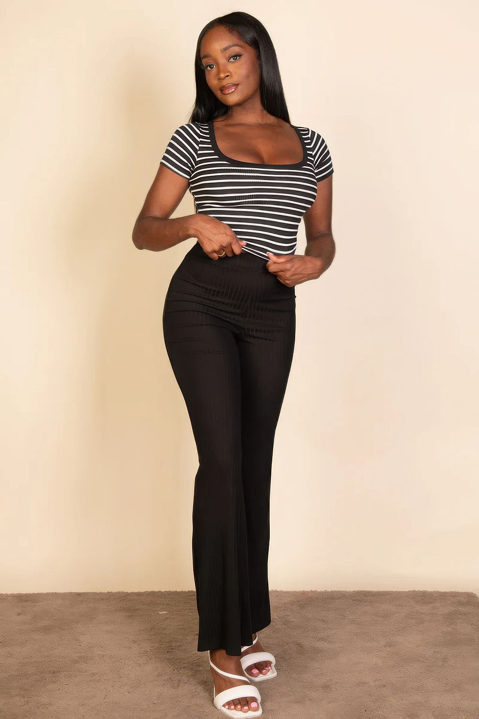 Thumbnail: Ribbed tight knitted striped square neck short sleeve t shirt