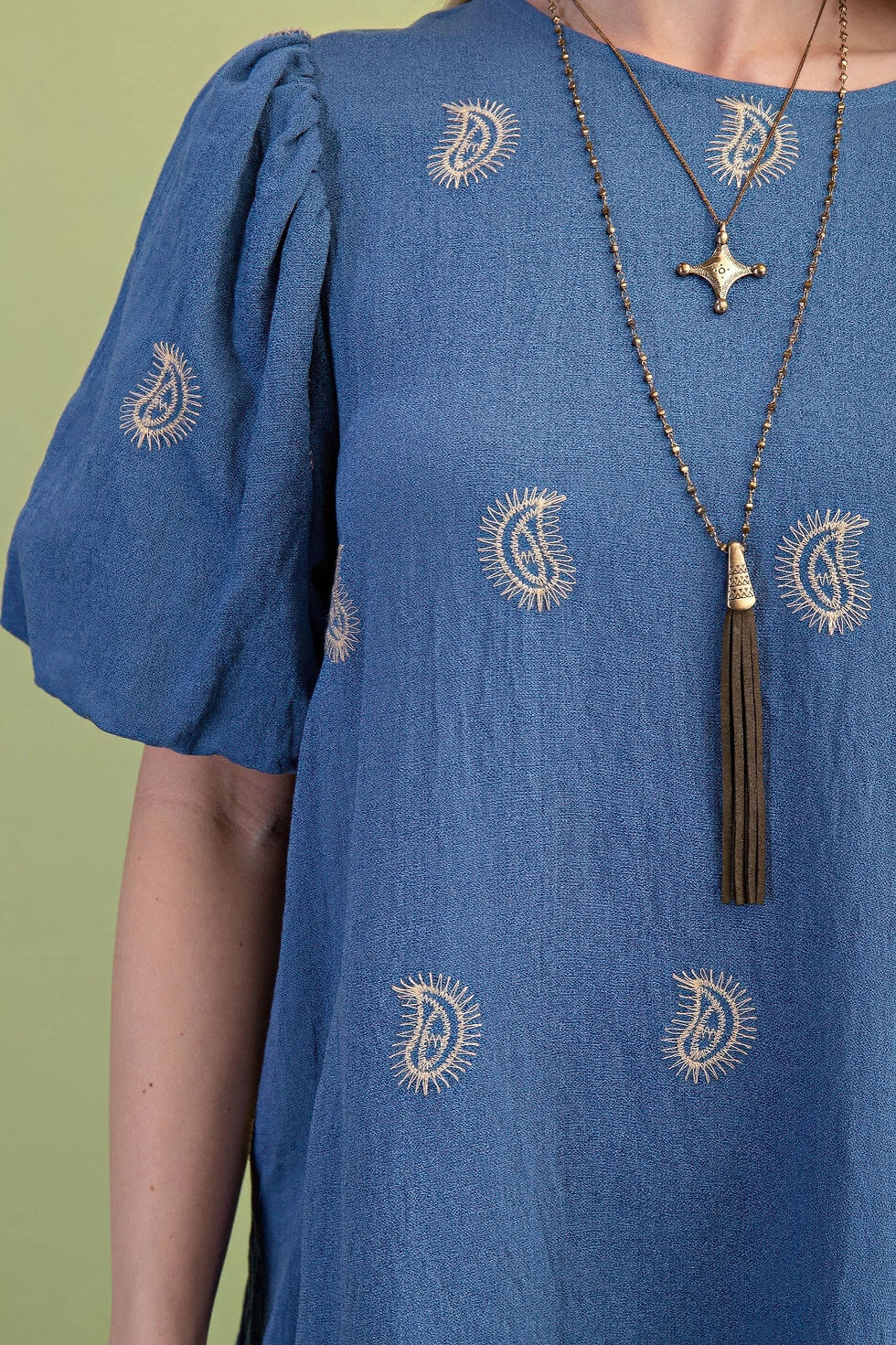 Thumbnail: Paisley Embroidered Round Neck Mini Dress With Short Puff Sleeves
