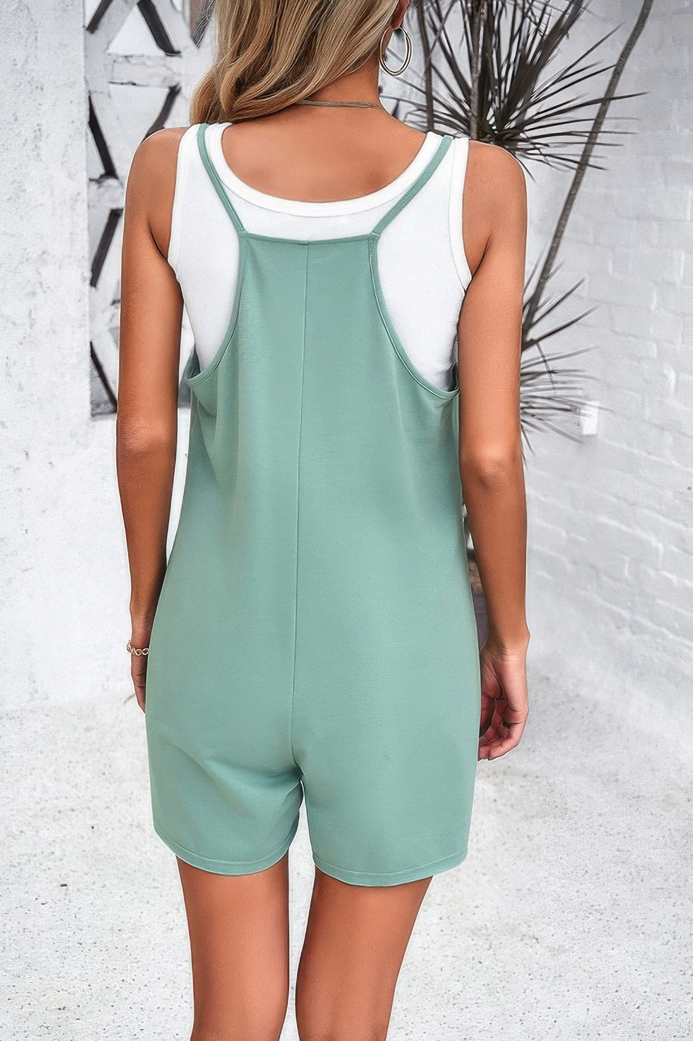 Thumbnail: Scoop Neck Spaghetti Straps Loose Fit Solid Romper