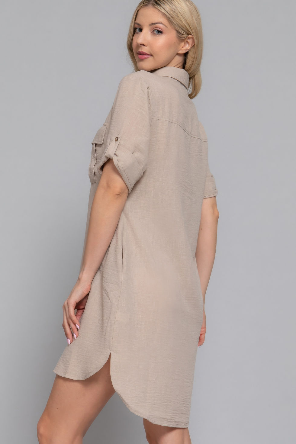 Thumbnail: Roll Up Short Slv Straight Linen Effect Mini Dress       