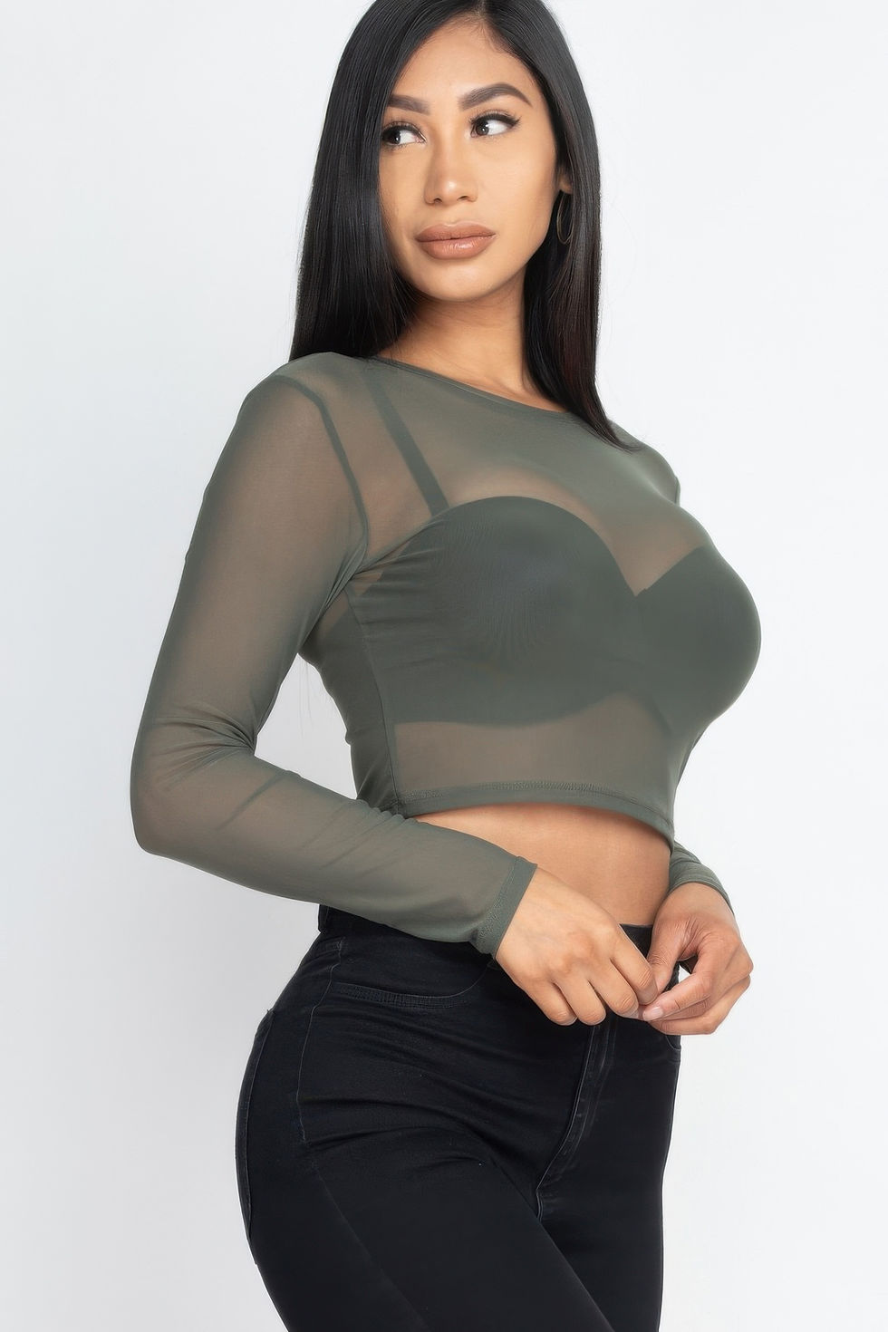 Thumbnail: Sexy Sheer Mesh Long Sleeve Crop Top