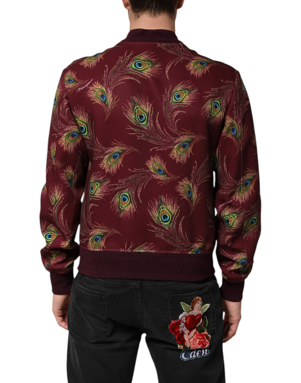 Thumbnail: Dolce & Gabbana Maroon Peacock Feather Print Bomber Jacket