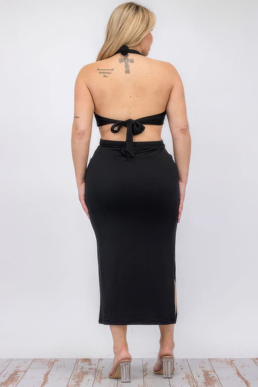 Thumbnail: Plus Size Cut-out Halter Neck Double Back Tie Split Thigh Midi Dress