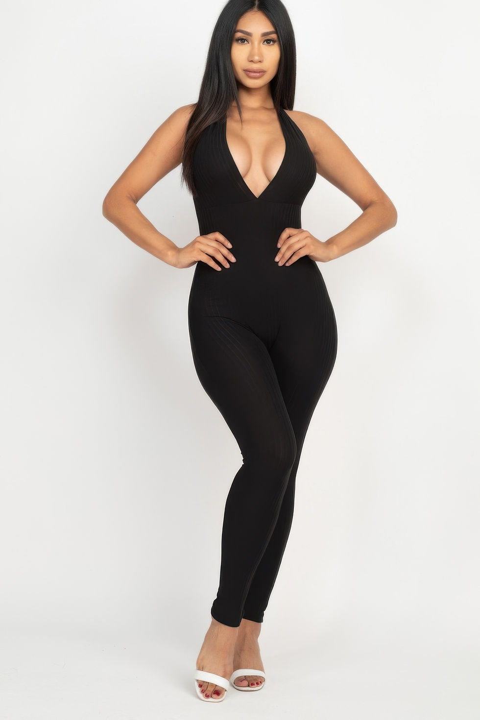 Thumbnail: Halter V Neck Ribbed Bodycon Jumpsuit 