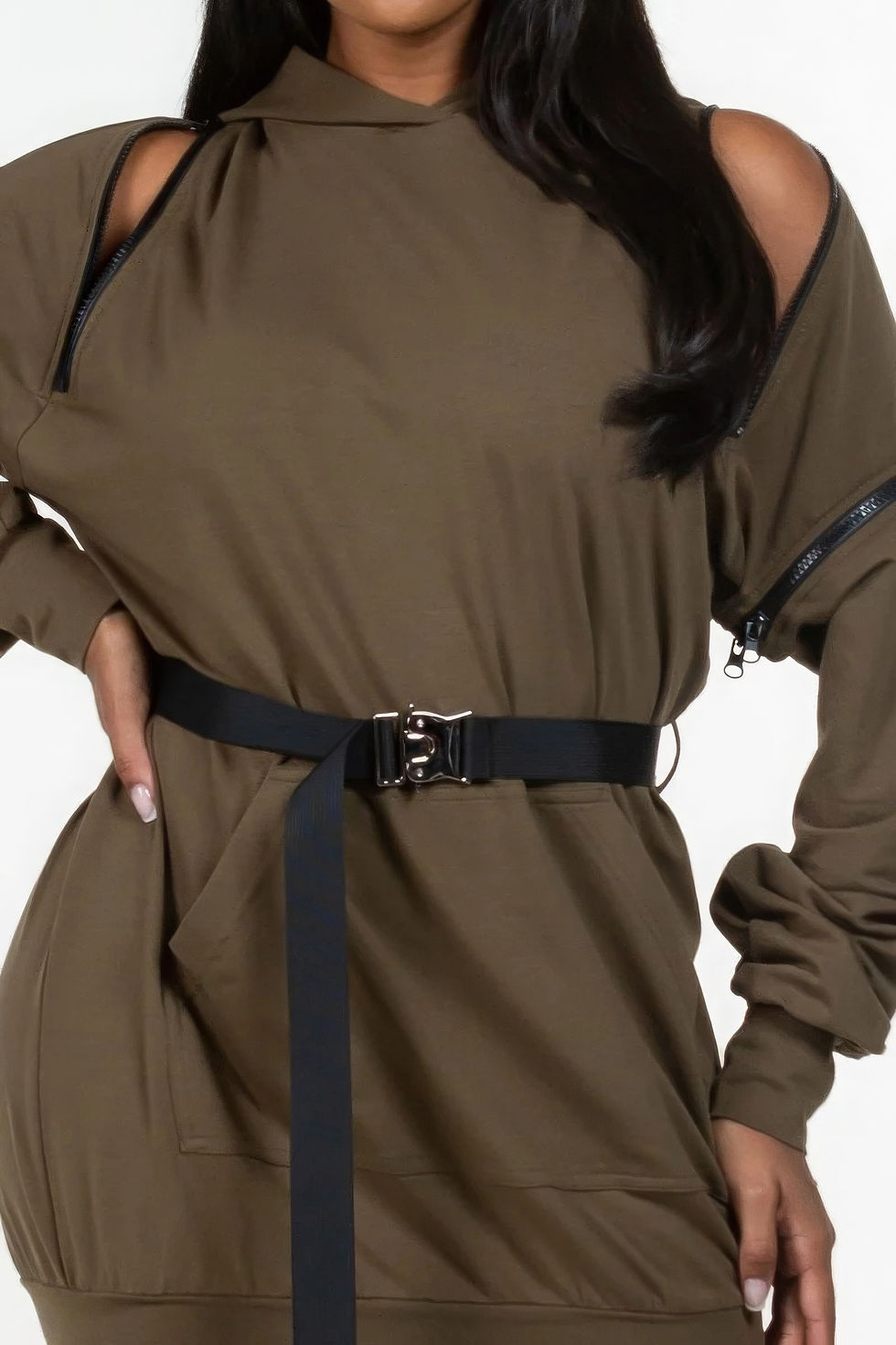 Thumbnail: Double Zipper Long Sleeve Hooded Mini Dress