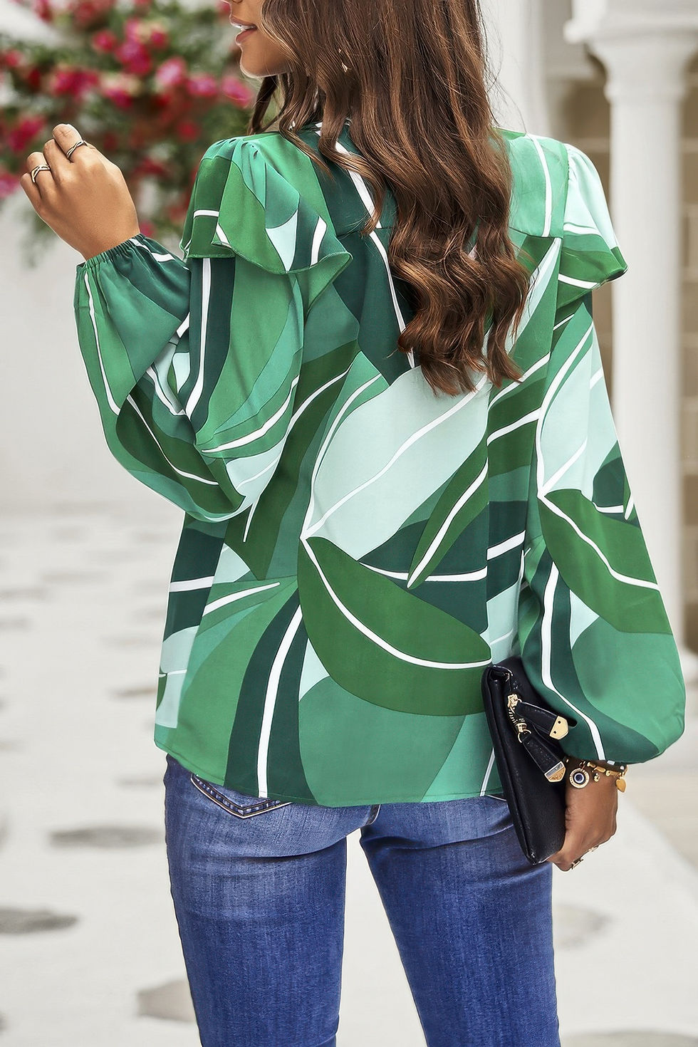 Thumbnail: Floral V Neck Button Ruffle Long Sleeve Top