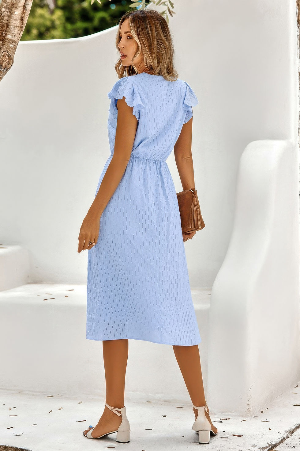 Thumbnail: V Neck Short Sleeve Solid Ruffle A Line Midi Dress