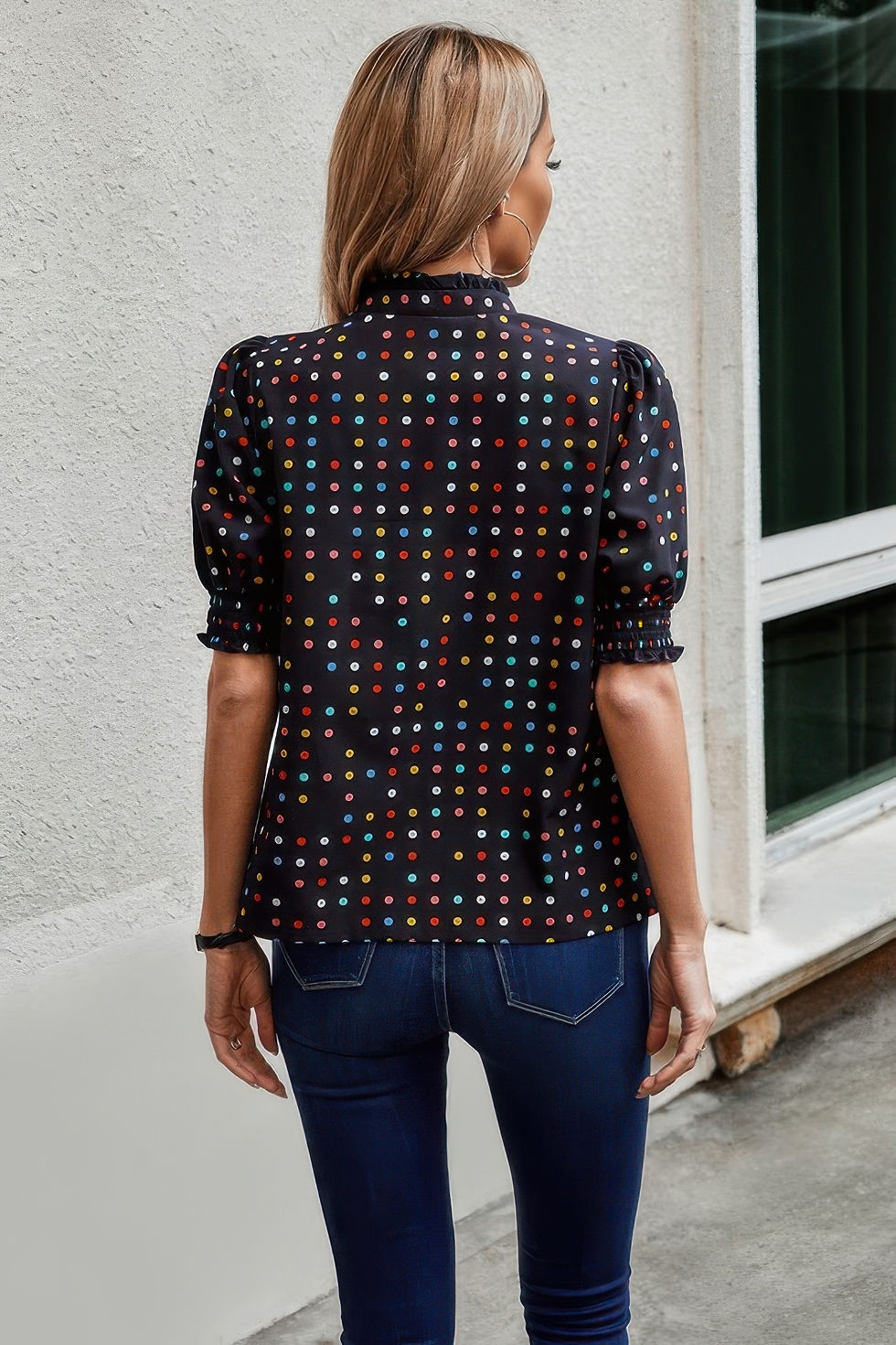 Thumbnail: Polka Dot Print Puff Sleeve Loose Shirt
