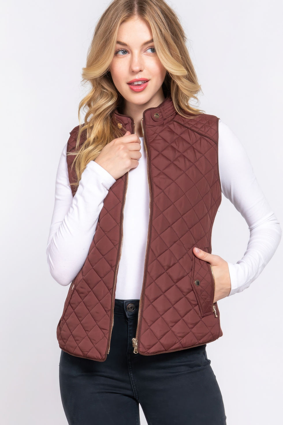 Thumbnail: Suede Piping Quilted Padding Vest
