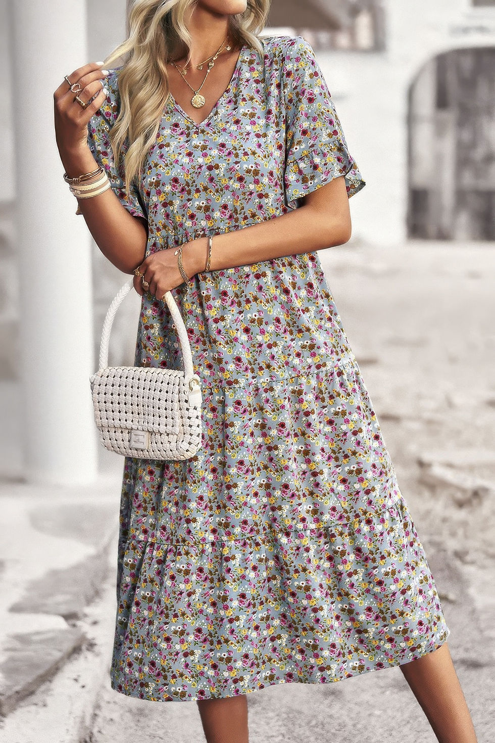 Thumbnail: Boho Floral Ruffle Hem V Neck Short Sleeve Dress