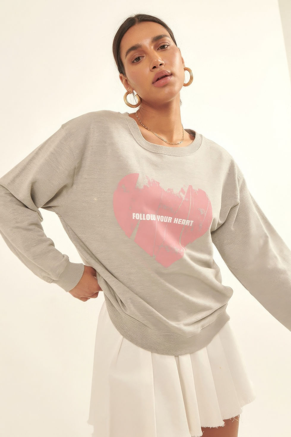 Thumbnail: Vintage-style Heart Graphic Print French Terry Knit Sweatshirt