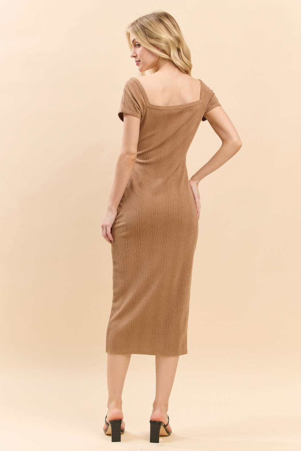 Thumbnail: Sweet Heart Neck Bubble Rib Short Sleeve Dress