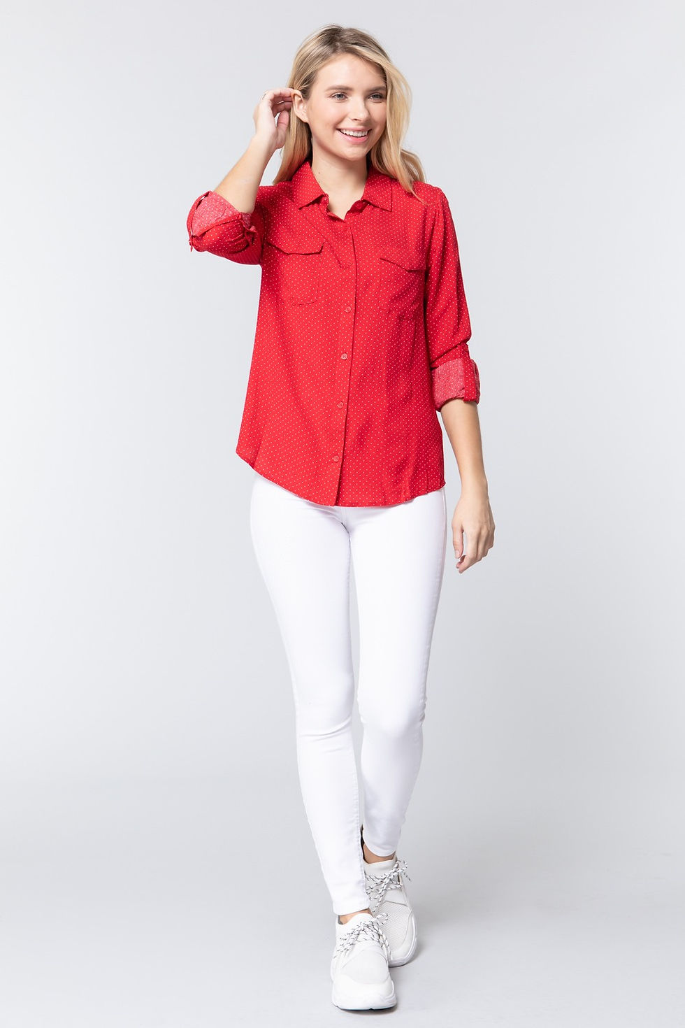 Thumbnail: 3/4 Roll Up Slv Dot Print Shirt