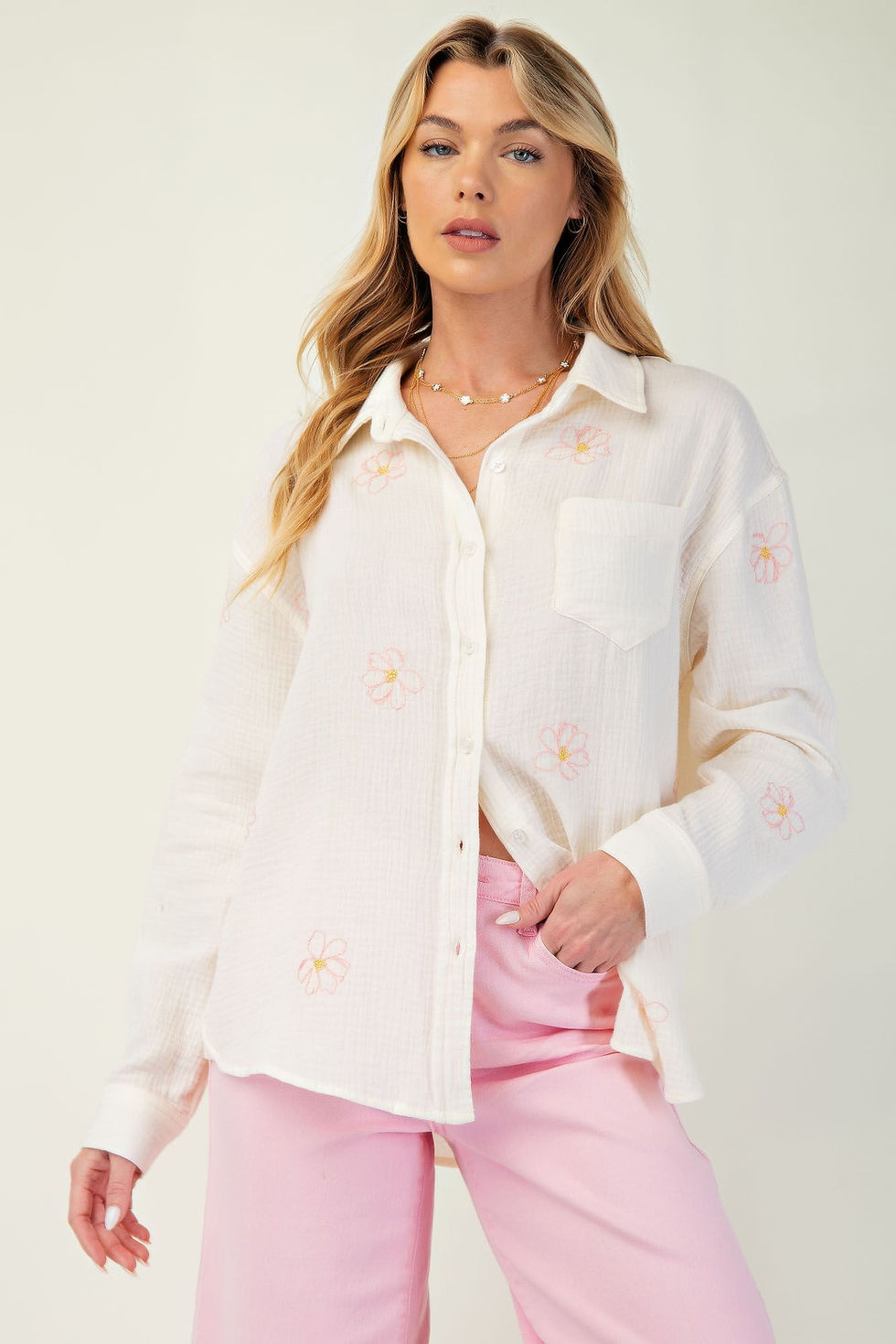 Thumbnail: Embo detailed cotton gauze button down shirt