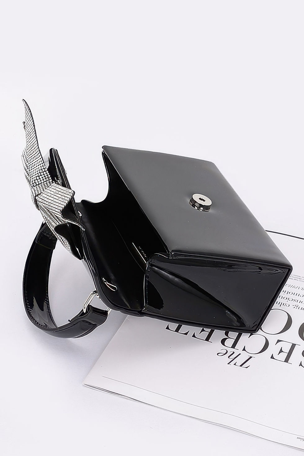 Thumbnail: Enamel Rhinestone Ribbon Top Handle Clutch