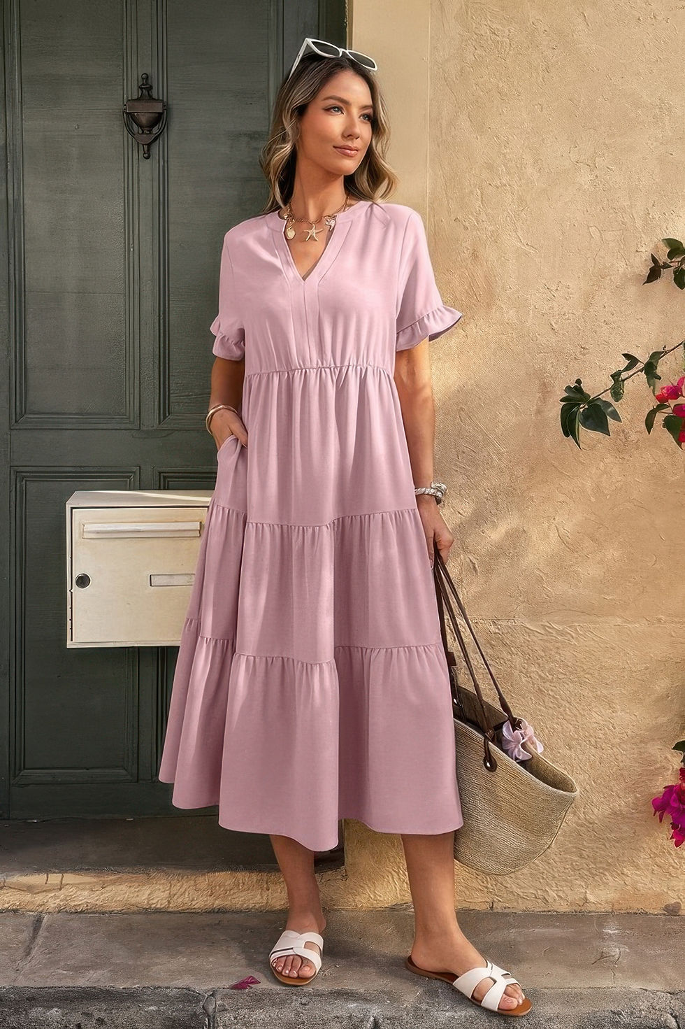 Thumbnail: Solid V Neck A Line Ruffle Hem Pleated Dress