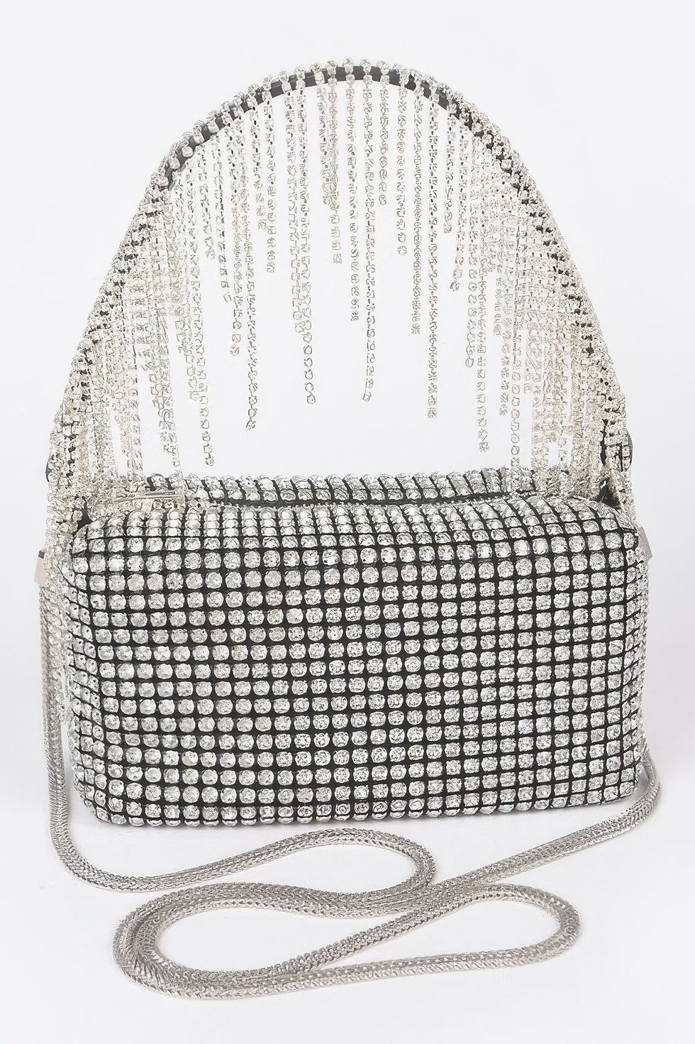 Oversized Rhinestone Fringe Strap Clutch