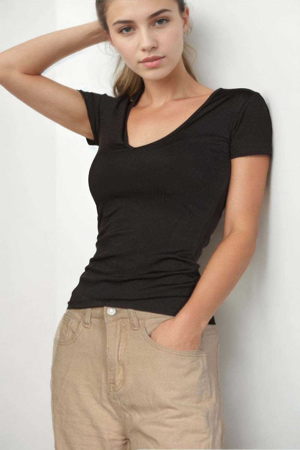 Thumbnail: Ribbed V-neck Short Sleeve Top