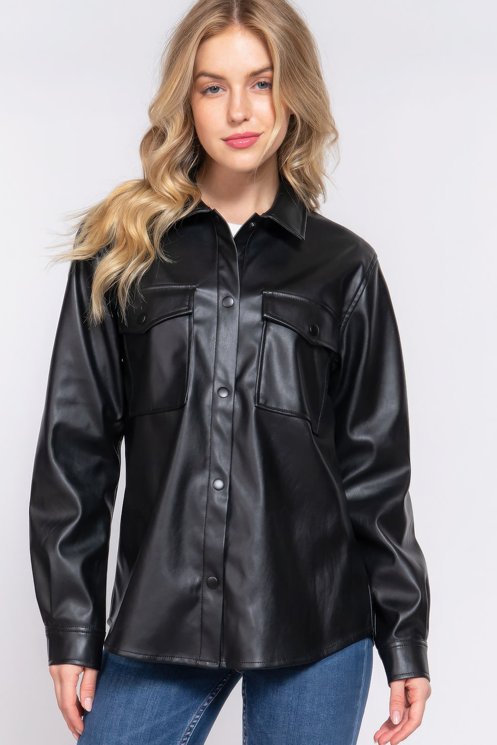 Thumbnail: Long Slv Faux Leather Shacket