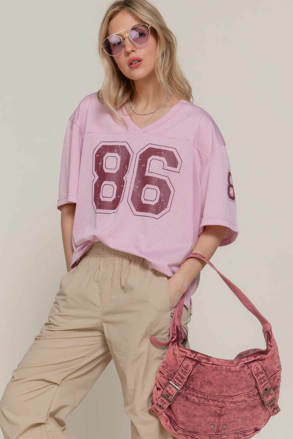 Thumbnail: Silk Screen Print Mesh Oversize Basball T-shirt       