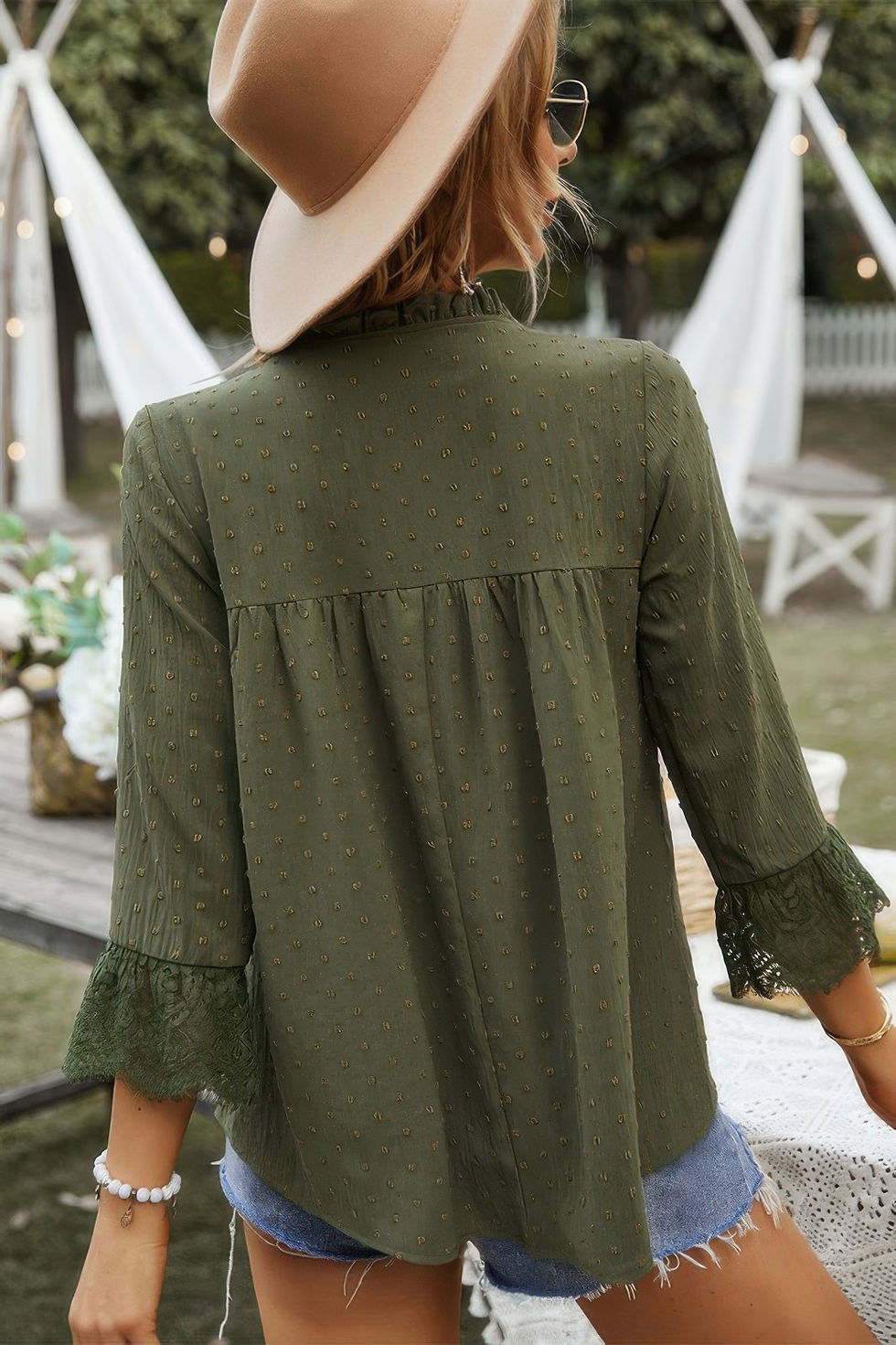 Thumbnail: Swiss Dot Lace Splicing Sleeve V Neck Blouse