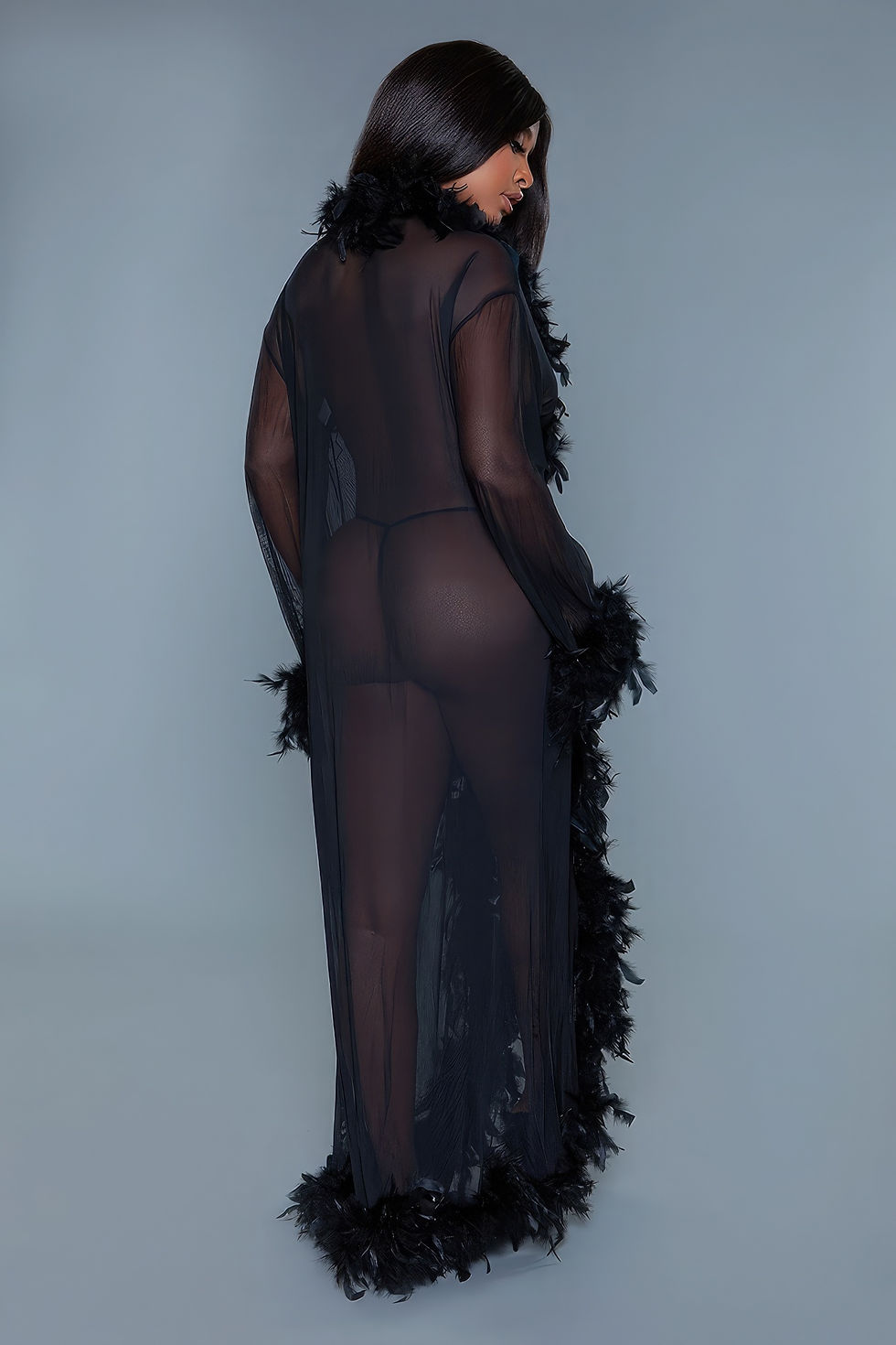 Thumbnail: Sheer Full-length Robe With Chandelle Boa Feather Trim