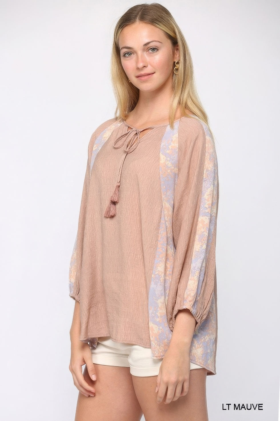 Thumbnail: Solid Crinkle And Print Mix Raglan Sleeve Top With Tassel Tie