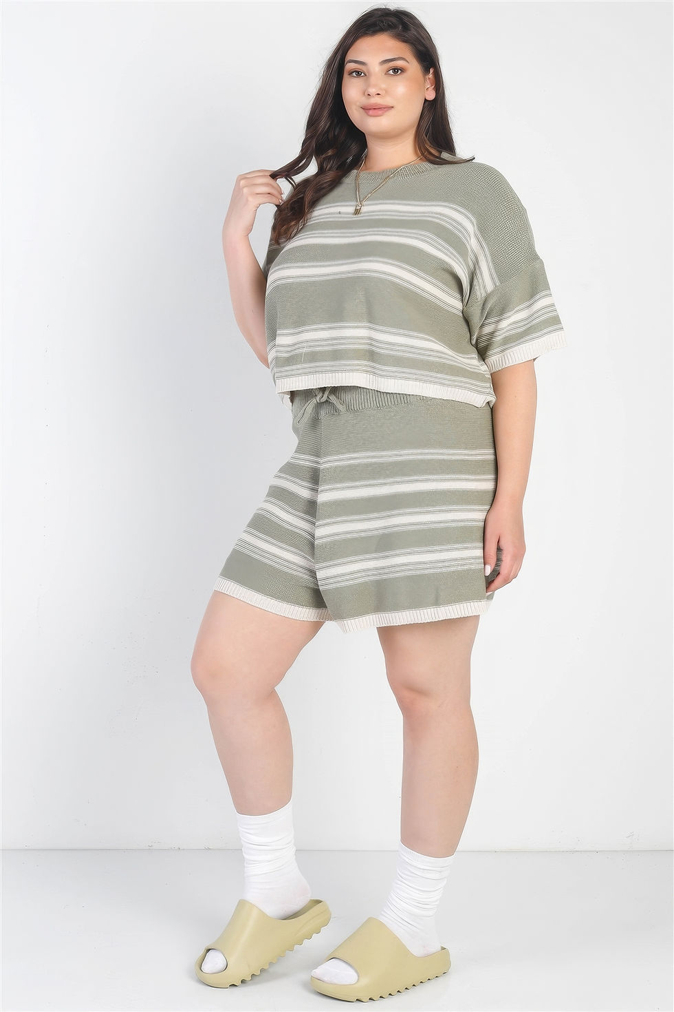 Thumbnail: Plus Olive Striped Knit Short Sleeve Crop Top High Waist Shorts Set