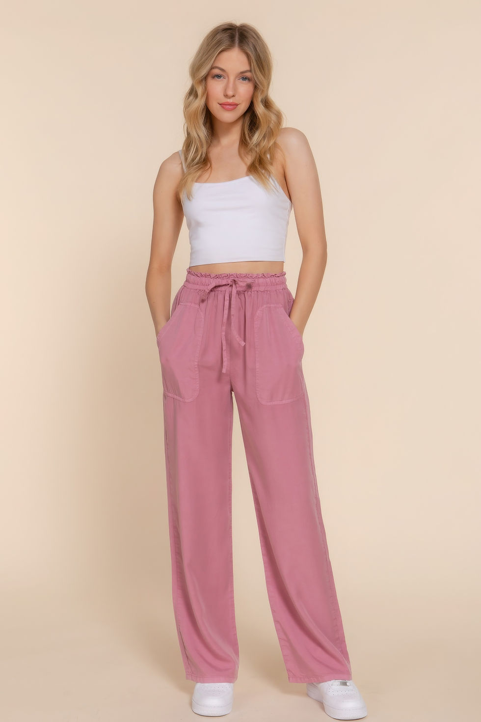 Thumbnail: Elastic Waist Tencel Long Pants