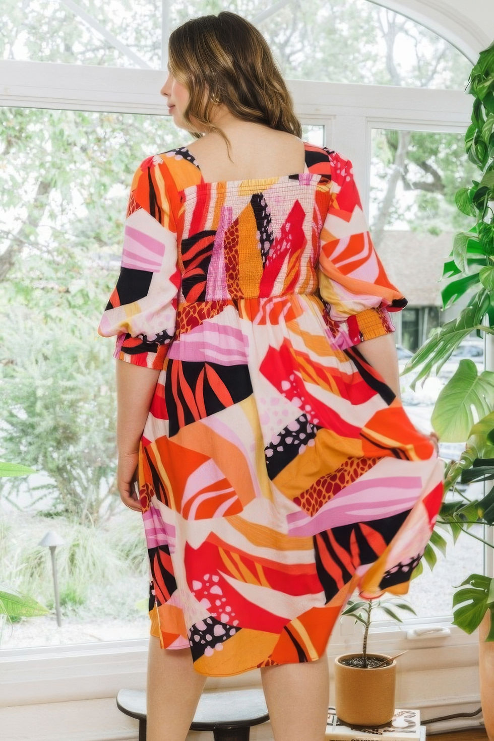 Thumbnail: Plus Floral Print Square Neckline Midi Dress