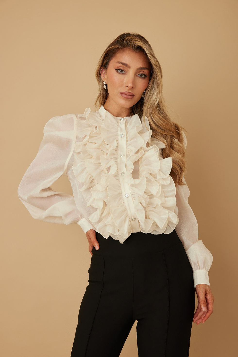 Thumbnail: Ruffle Micro Crystal Long Sleeve Blouse