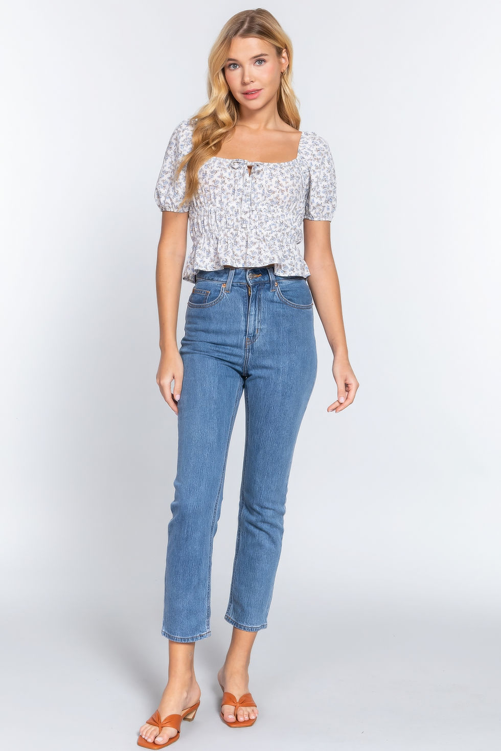 Thumbnail: Short Slv Shirring Print Woven Top
