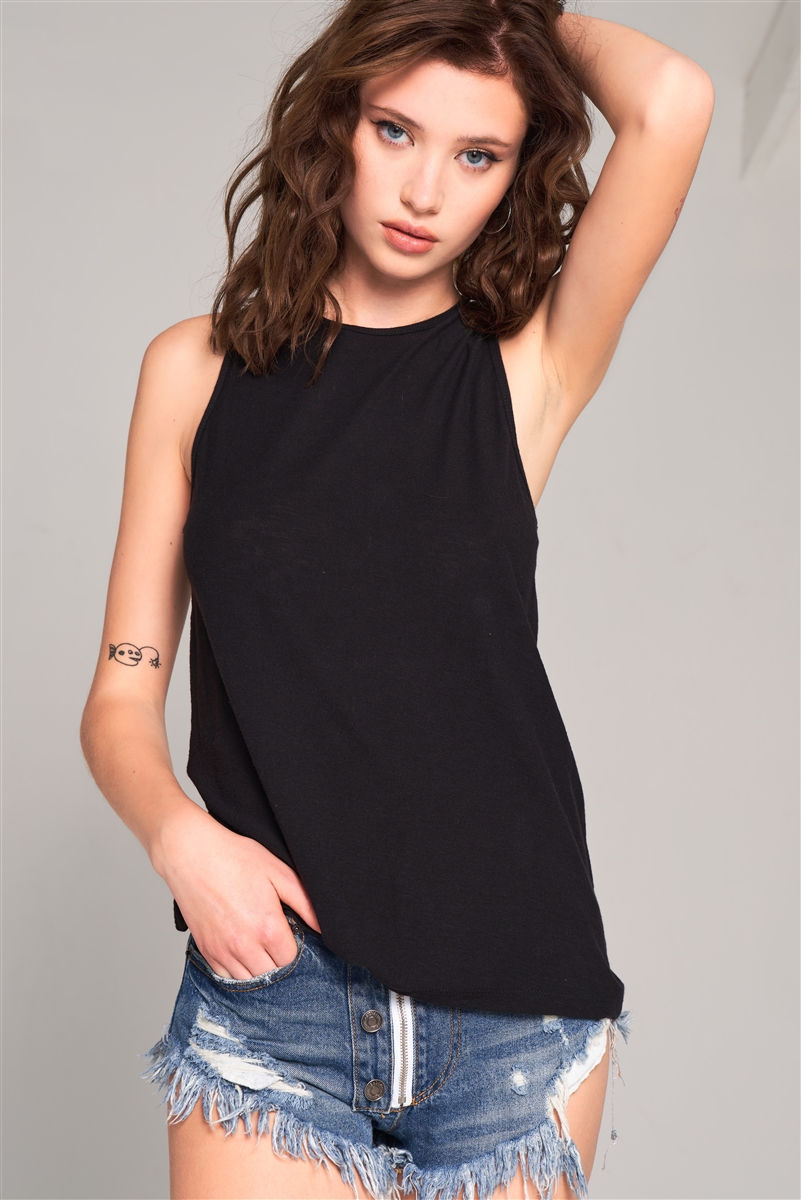 Thumbnail: Sleeveless Crew Neck Cut-out Back Detail Longline Top