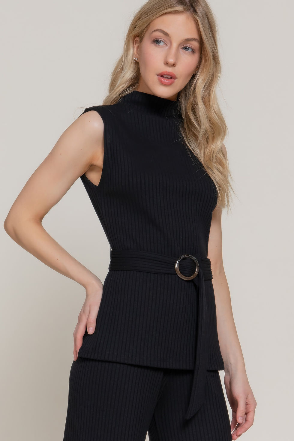 Thumbnail: Sleeveless Mock Neck Waist Belt Rib Knit Top         