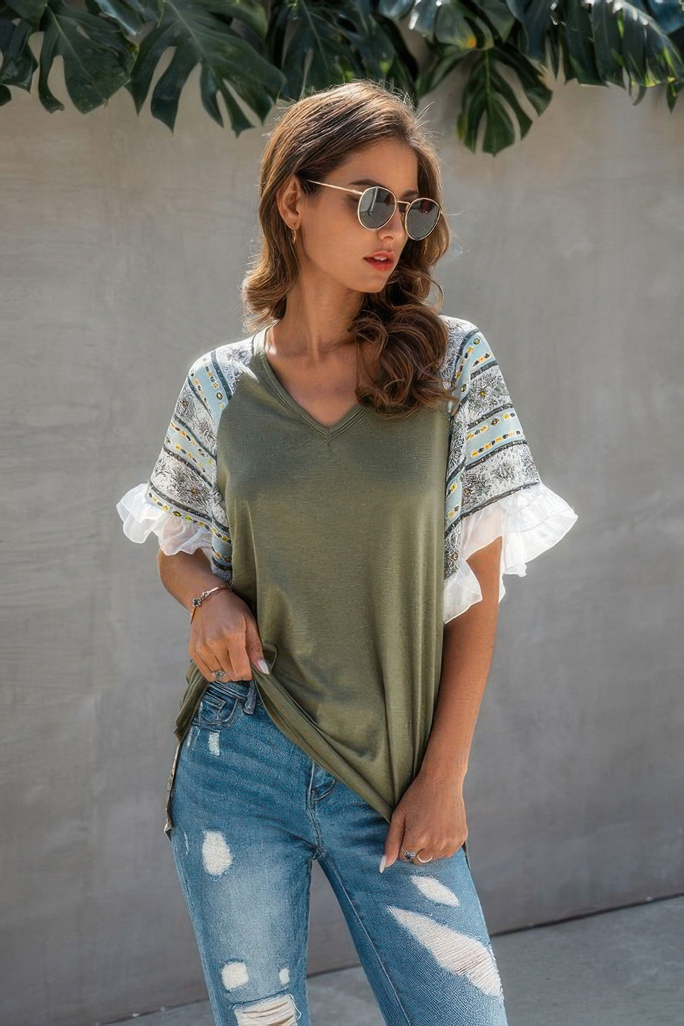 Thumbnail: Splicing Print V Neck Ruffle Elegant Top